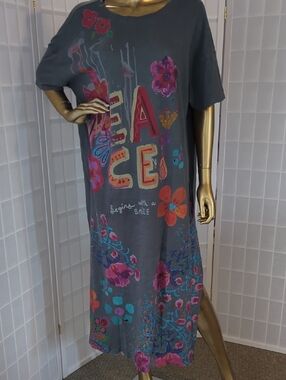 NATURAL LIFE Charcoal Gray Maxi Dress with Multicolor Floral Peace Graphic